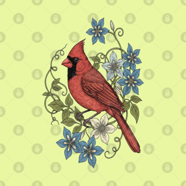 Vintage Cardinal Clematis Botanical Bird Lovers Art by BirdsnStuff