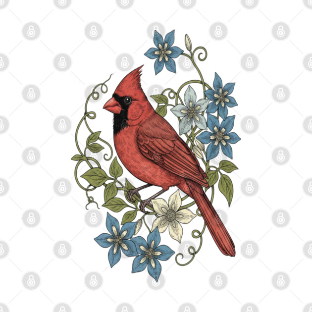 Vintage Cardinal Clematis Botanical Bird Lovers Art by BirdsnStuff