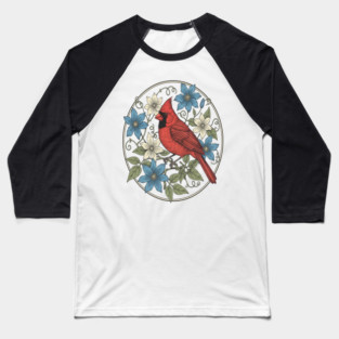Northern Cardinal Clematis Botanical Bird Lovers Art Baseball T-Shirt