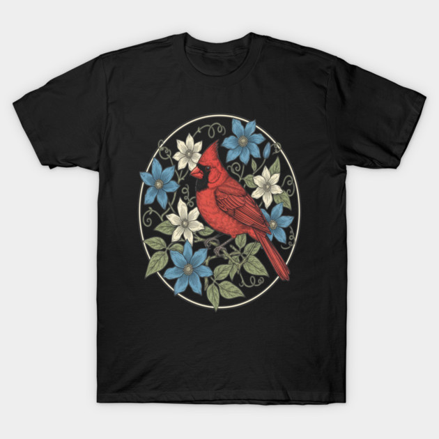 Northern Cardinal Clematis Botanical Bird Lovers Art T-Shirt by BirdsnStuff
