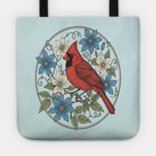 Northern Cardinal Clematis Botanical Bird Lovers Art Tote