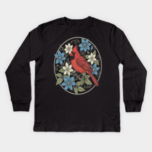 Northern Cardinal Clematis Botanical Bird Lovers Art Kids Long Sleeve T-Shirt