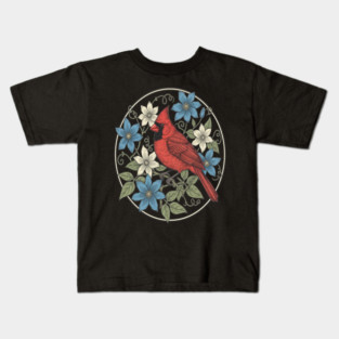 Northern Cardinal Clematis Botanical Bird Lovers Art Kids T-Shirt