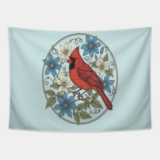 Northern Cardinal Clematis Botanical Bird Lovers Art Tapestry