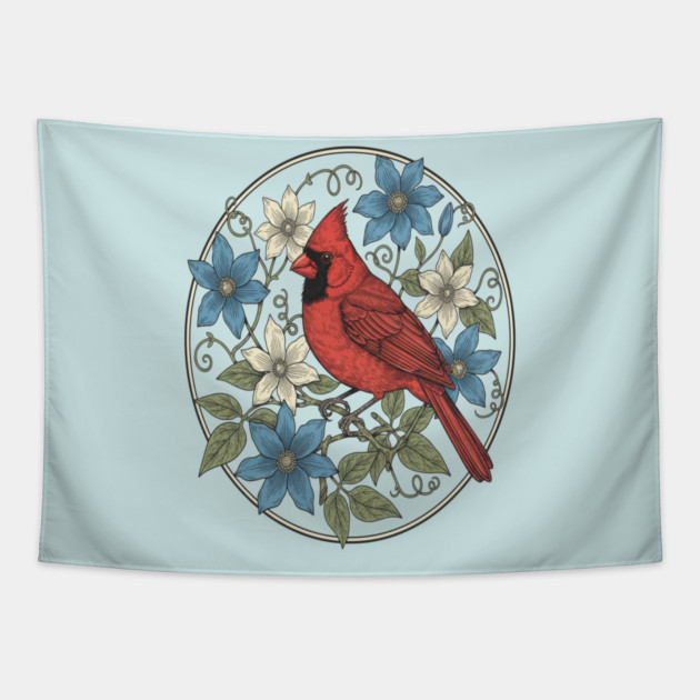 Northern Cardinal Clematis Botanical Bird Lovers Art Tapestry by BirdsnStuff