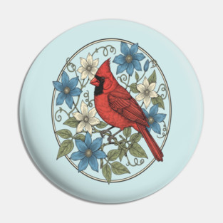 Northern Cardinal Clematis Botanical Bird Lovers Art Pin