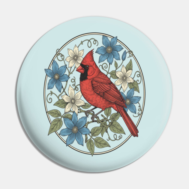 Northern Cardinal Clematis Botanical Bird Lovers Art Pin by BirdsnStuff