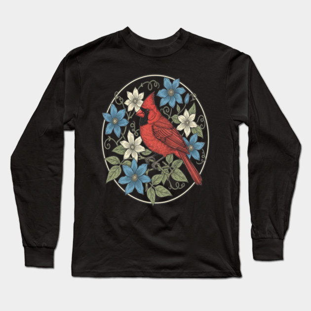 Northern Cardinal Clematis Botanical Bird Lovers Art Long Sleeve T-Shirt by BirdsnStuff