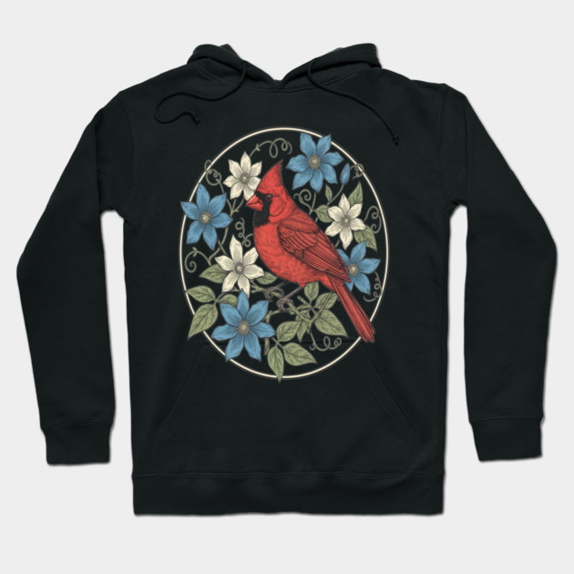 Northern Cardinal Clematis Botanical Bird Lovers Art Hoodie by BirdsnStuff