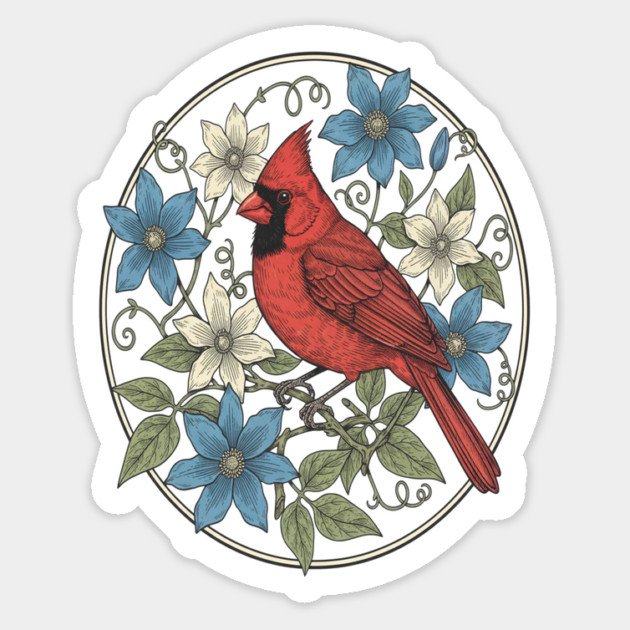 Northern Cardinal Clematis Botanical Bird Lovers Art Magnet by BirdsnStuff