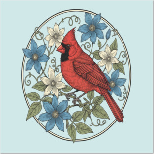 Northern Cardinal Clematis Botanical Bird Lovers Art Posters and Art