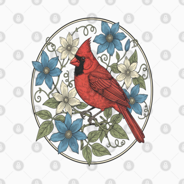 Northern Cardinal Clematis Botanical Bird Lovers Art by BirdsnStuff