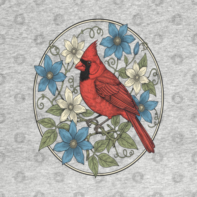 Northern Cardinal Clematis Botanical Bird Lovers Art by BirdsnStuff