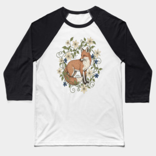 Red Fox Clematis Wreath Botanical Wildlife Art Baseball T-Shirt