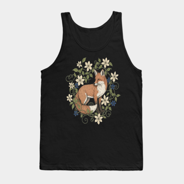 Red Fox Clematis Wreath Botanical Wildlife Art Tank Top by BirdsnStuff