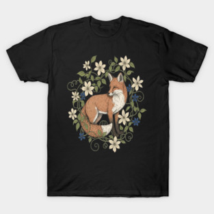 Red Fox Clematis Wreath Botanical Wildlife Art T-Shirt