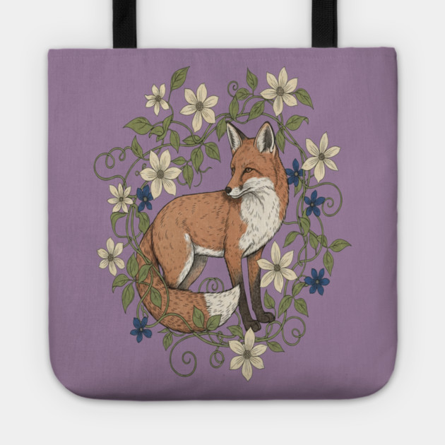 Red Fox Clematis Wreath Botanical Wildlife Art Tote by BirdsnStuff