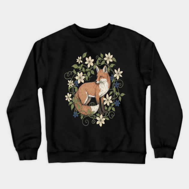 Red Fox Clematis Wreath Botanical Wildlife Art Crewneck Sweatshirt by BirdsnStuff