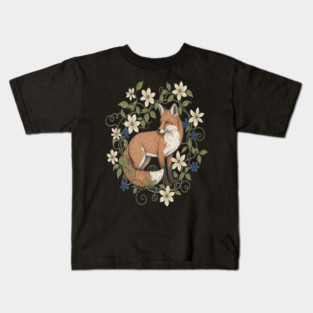 Red Fox Clematis Wreath Botanical Wildlife Art Kids T-Shirt