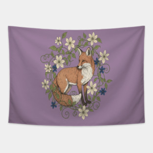 Red Fox Clematis Wreath Botanical Wildlife Art Tapestry