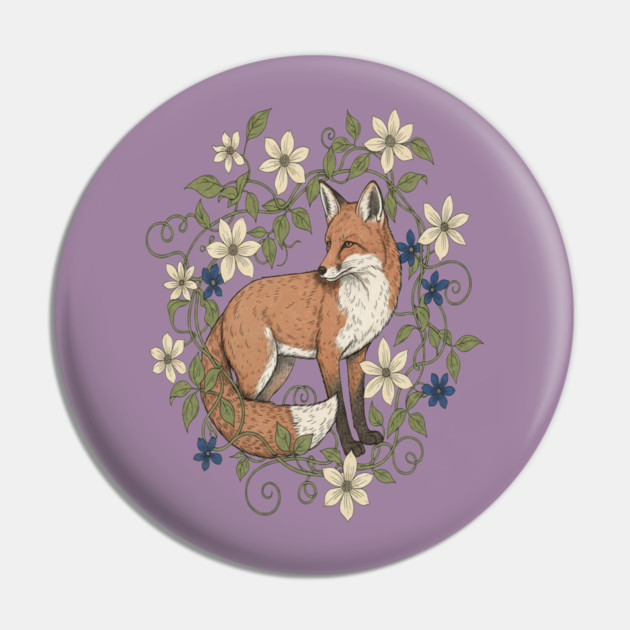 Red Fox Clematis Wreath Botanical Wildlife Art Pin by BirdsnStuff