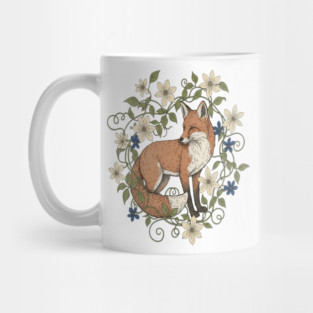 Red Fox Clematis Wreath Botanical Wildlife Art Mug