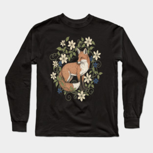 Red Fox Clematis Wreath Botanical Wildlife Art Long Sleeve T-Shirt