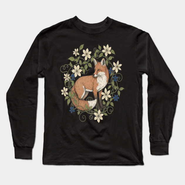 Red Fox Clematis Wreath Botanical Wildlife Art Long Sleeve T-Shirt by BirdsnStuff