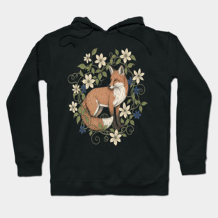 Red Fox Clematis Wreath Botanical Wildlife Art Hoodie
