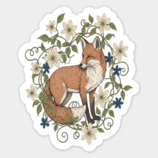 Red Fox Clematis Wreath Botanical Wildlife Art Sticker