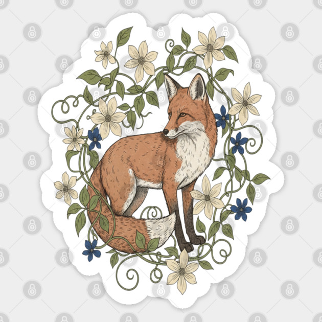 Red Fox Clematis Wreath Botanical Wildlife Art Sticker by BirdsnStuff