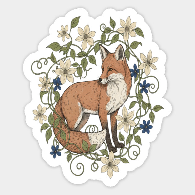 Red Fox Clematis Wreath Botanical Wildlife Art Magnet by BirdsnStuff