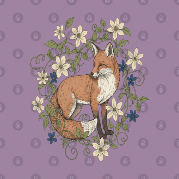 Red Fox Clematis Wreath Botanical Wildlife Art by BirdsnStuff