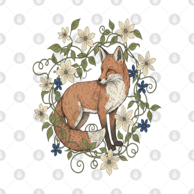 Red Fox Clematis Wreath Botanical Wildlife Art by BirdsnStuff