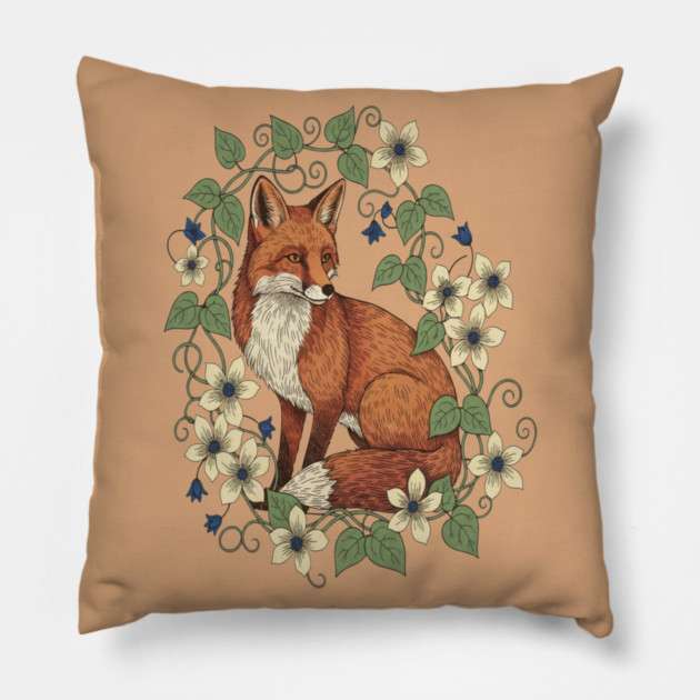 Woodland Red Fox Clematis Botanical Wildlife Art Pillow by BirdsnStuff