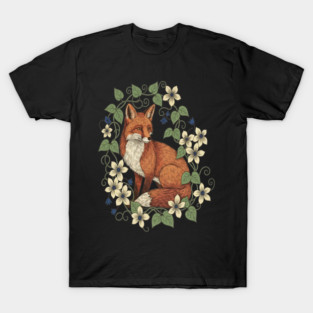 Woodland Red Fox Clematis Botanical Wildlife Art T-Shirt