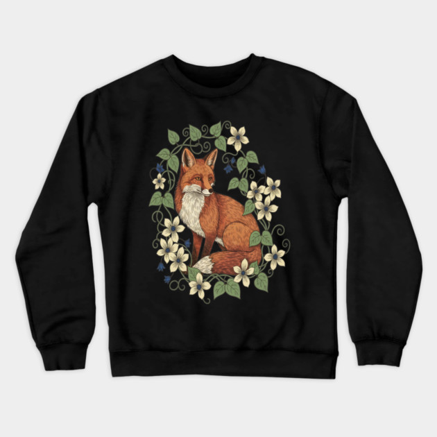 Woodland Red Fox Clematis Botanical Wildlife Art Crewneck Sweatshirt by BirdsnStuff