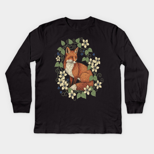 Woodland Red Fox Clematis Botanical Wildlife Art Kids Long Sleeve T-Shirt by BirdsnStuff