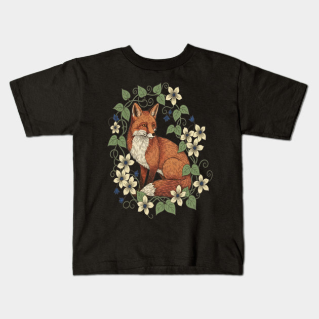 Woodland Red Fox Clematis Botanical Wildlife Art Kids T-Shirt by BirdsnStuff