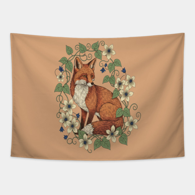 Woodland Red Fox Clematis Botanical Wildlife Art Tapestry by BirdsnStuff