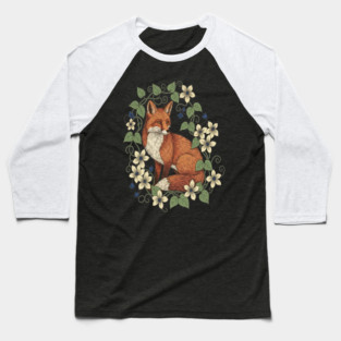 Woodland Red Fox Clematis Botanical Wildlife Art Baseball T-Shirt