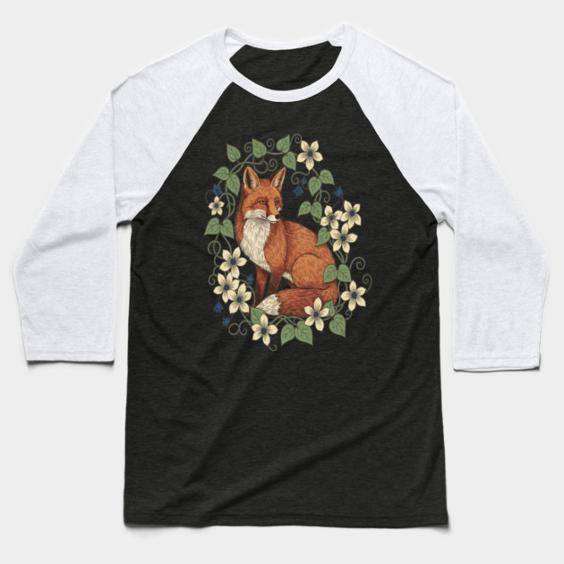 Woodland Red Fox Clematis Botanical Wildlife Art Baseball T-Shirt by BirdsnStuff