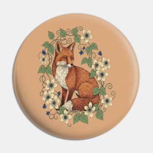 Woodland Red Fox Clematis Botanical Wildlife Art Pin