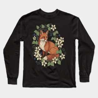 Woodland Red Fox Clematis Botanical Wildlife Art Long Sleeve T-Shirt