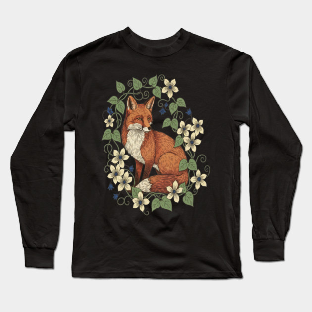 Woodland Red Fox Clematis Botanical Wildlife Art Long Sleeve T-Shirt by BirdsnStuff