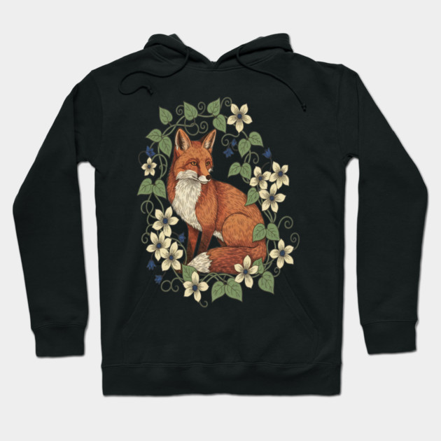 Woodland Red Fox Clematis Botanical Wildlife Art Hoodie by BirdsnStuff