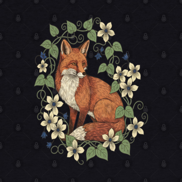 Woodland Red Fox Clematis Botanical Wildlife Art by BirdsnStuff