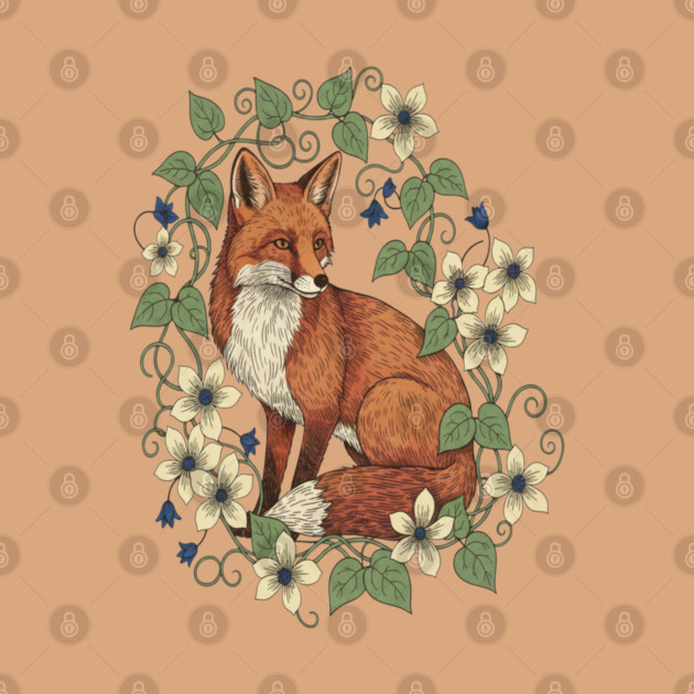 Woodland Red Fox Clematis Botanical Wildlife Art by BirdsnStuff
