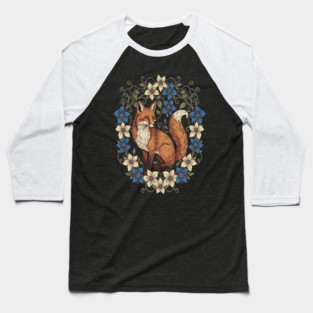 Cottagecore Red Fox Botanical Design Baseball T-Shirt