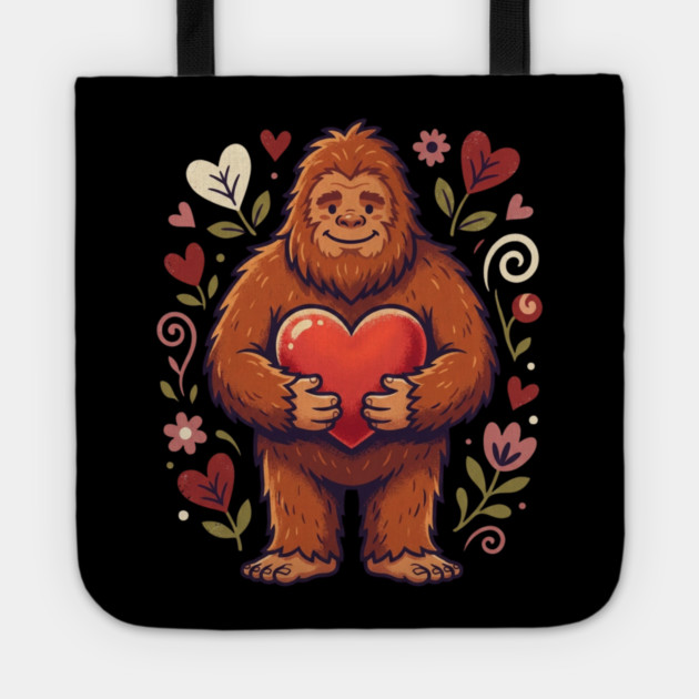 Cute Bigfoot Holding Heart Tote by Creatifly Graphic Tees